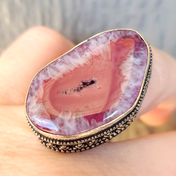 Handmade Jewelry - New Solar Quartz Agate Druzy 925 Silver Ring.